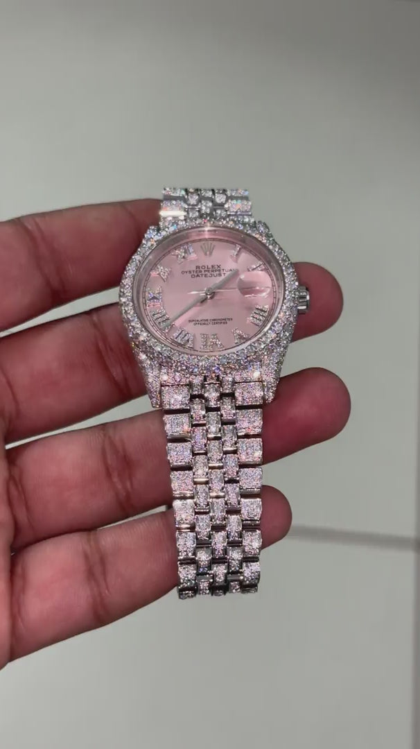 Custom Moissanite Rolex Lady Datejust - Pink Roman Dial (Full Buss Down)
