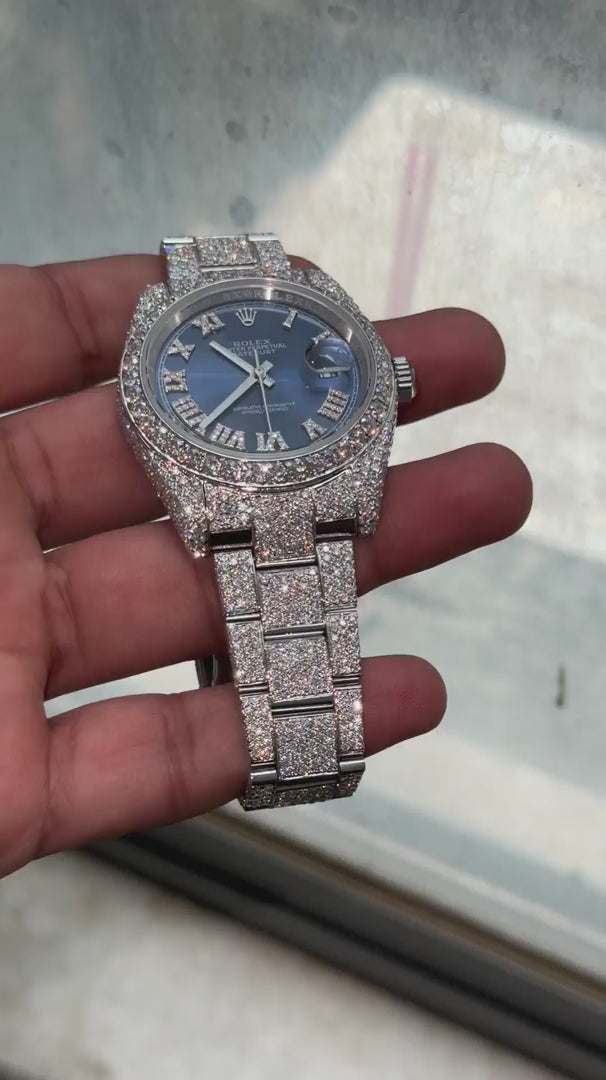 Custom Moissanite Rolex Datejust 41mm - Blue Dial (Full Buss Down)