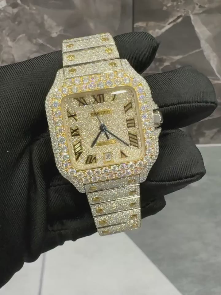 Iced Out Moissanite Cartier Santos Diamond Watch - Two-Tone Gold