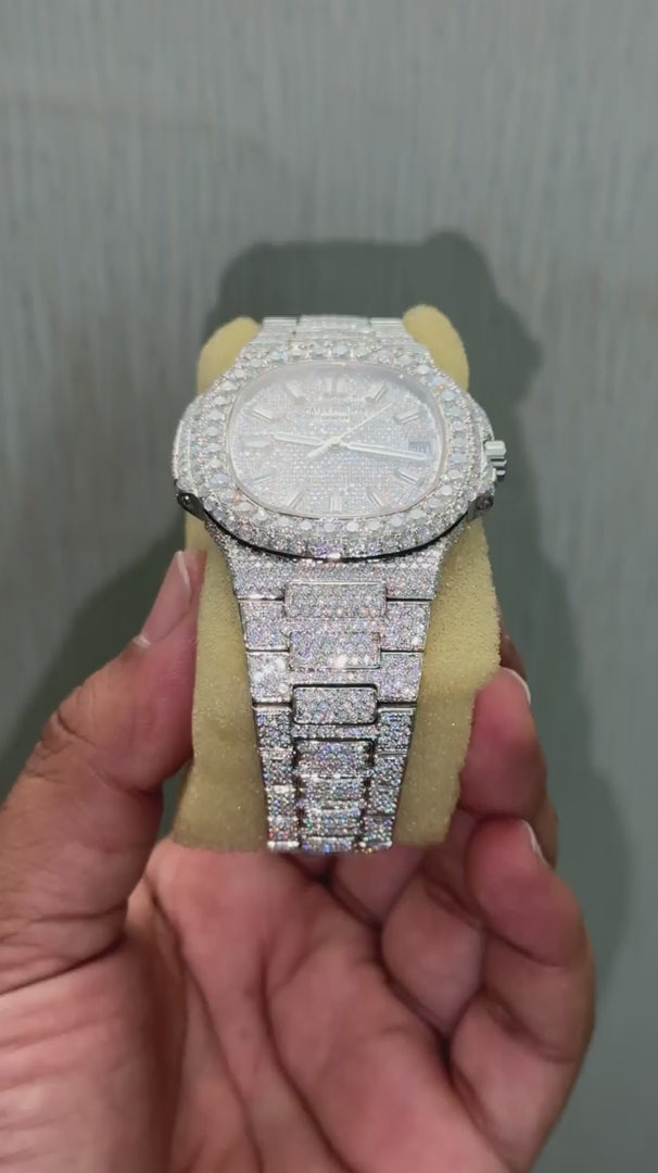 Custom Moissanite Patek Philippe Nautilus Watch - Full Pave Dial (Baguette Markers)