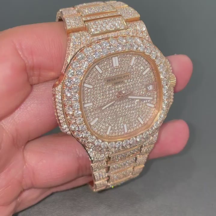 iced out patek philippe nautilus rose gold moissanite diamond watch