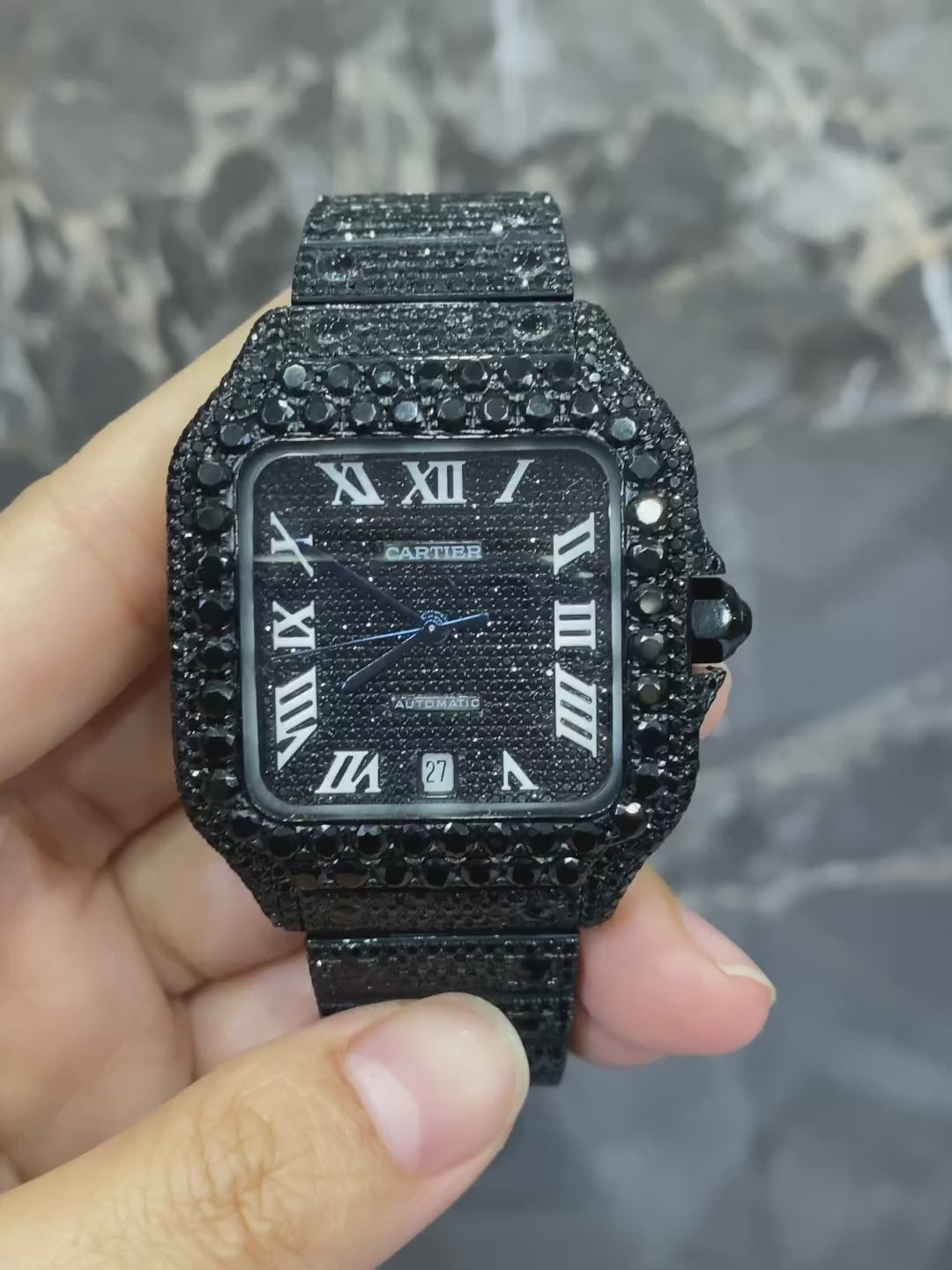 Full Iced Out Black Moissanite Cartier Santos Watch – All Black PVD