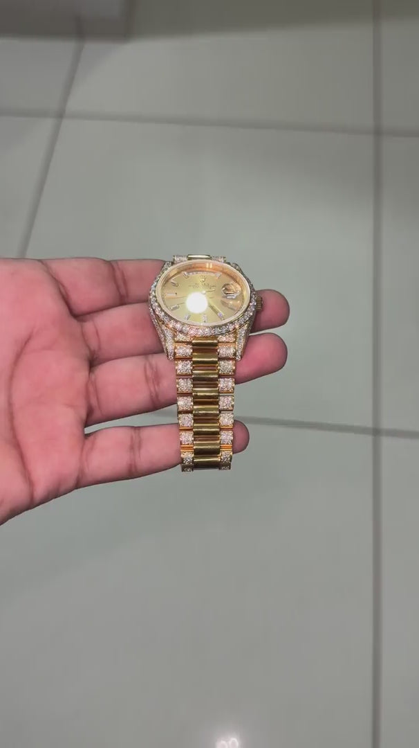 Custom Moissanite Rolex Day-Date - Yellow Gold (Diamond Dial & Semi-Set)