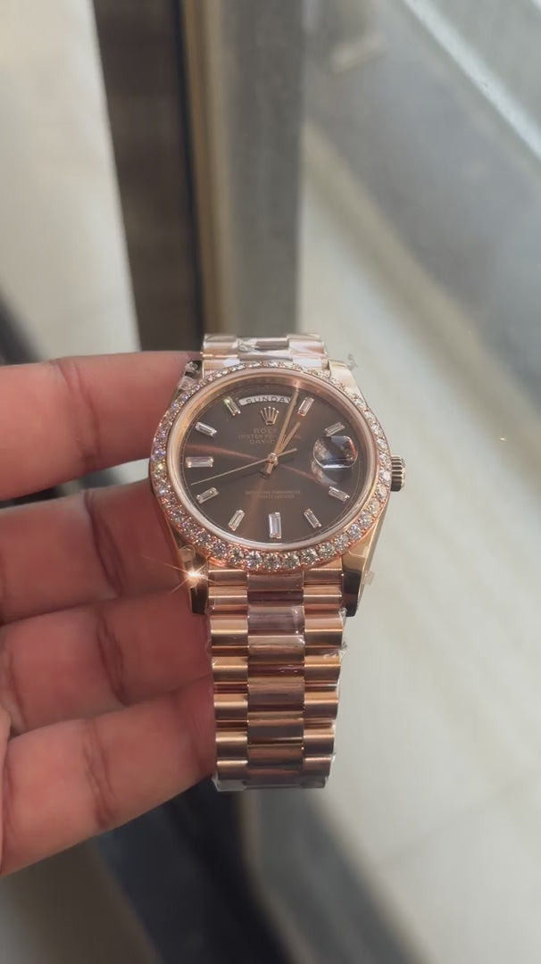 Custom Moissanite Rolex Day-Date Watch - Rose Gold (Diamond Bezel Edition)