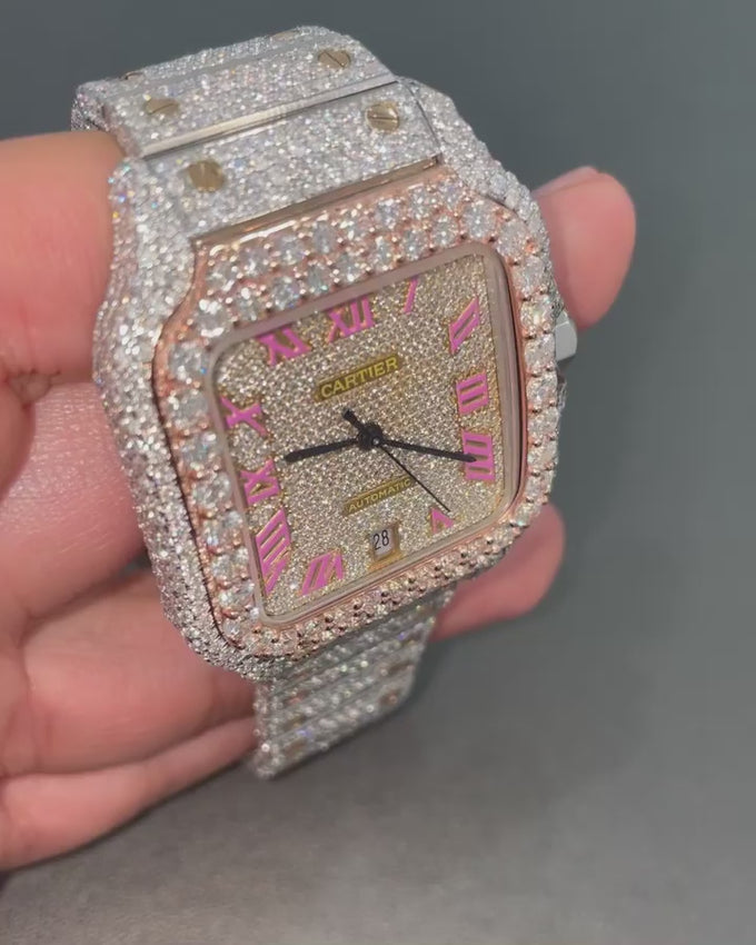 moissanite cartier watch | moissanite diamond watch | iced out cartier santos dual tone roman dial