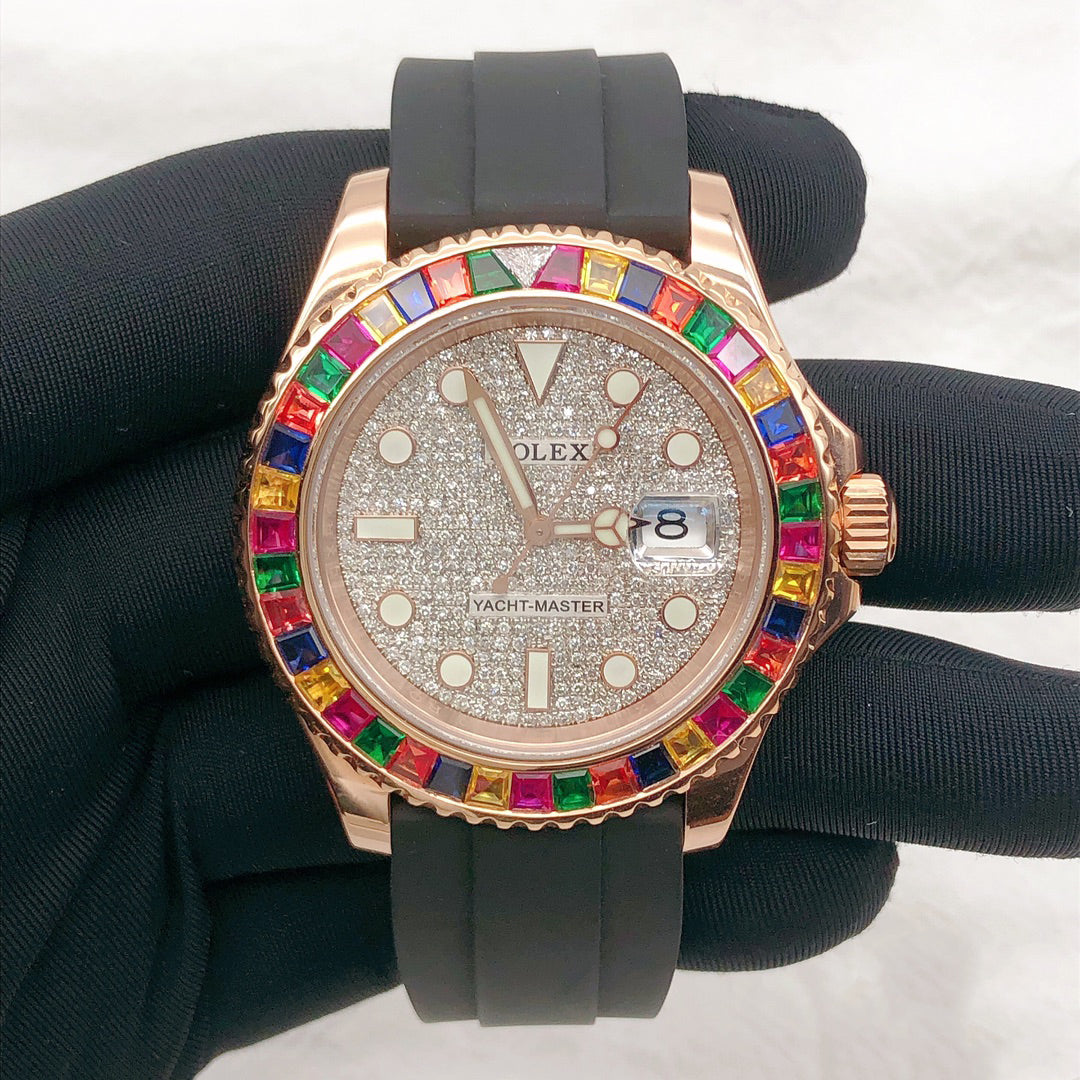 Rolex Yacht Master Rainbow Moissanite Diamond Watch | Iced Out Moissanite Watch | Moissanite Rolex Watch