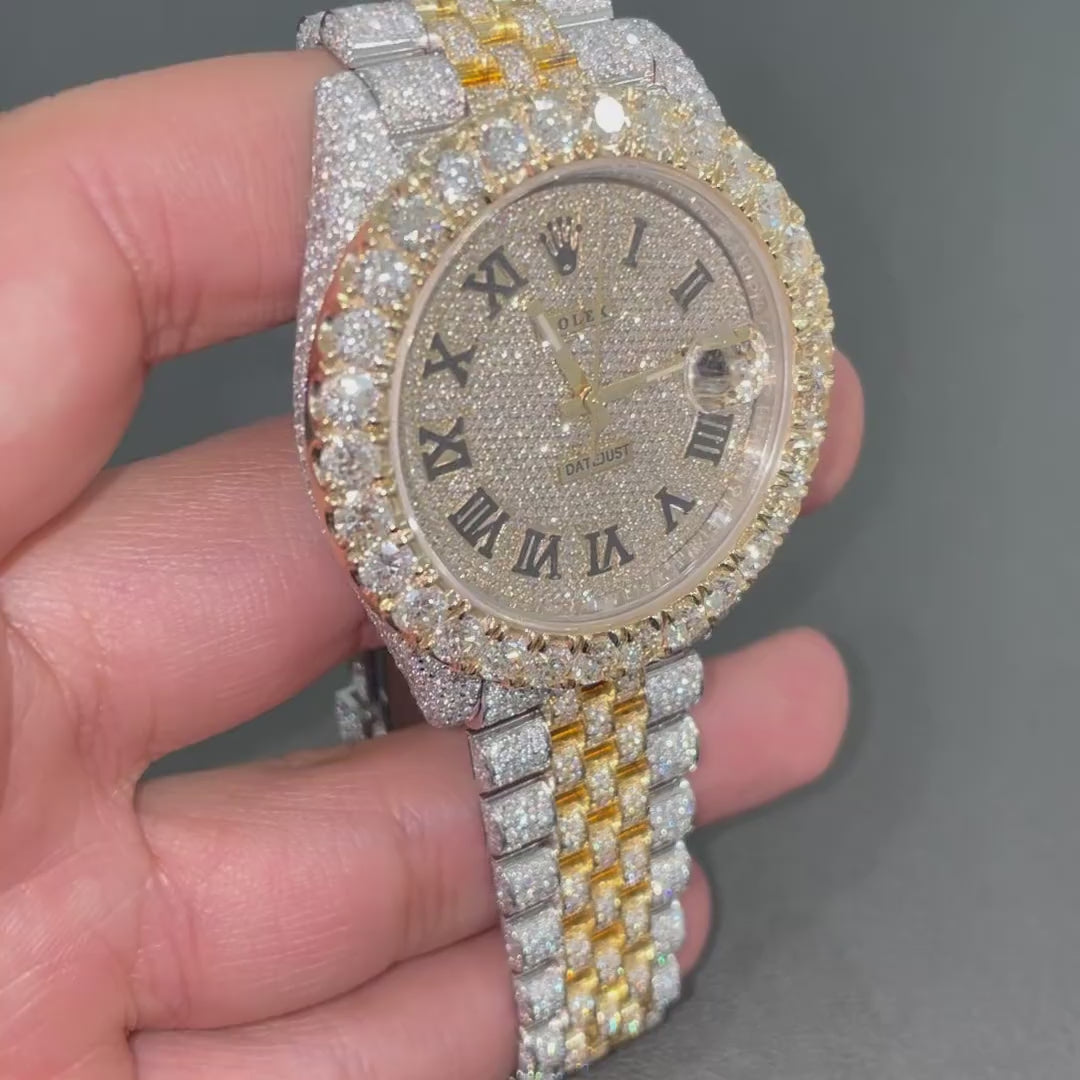 Rolex Date-Just Moissanite Diamond Watch | Iced Out Dual Tone Moissanite Watch | Moissanite Rolex Roman Dial Watch