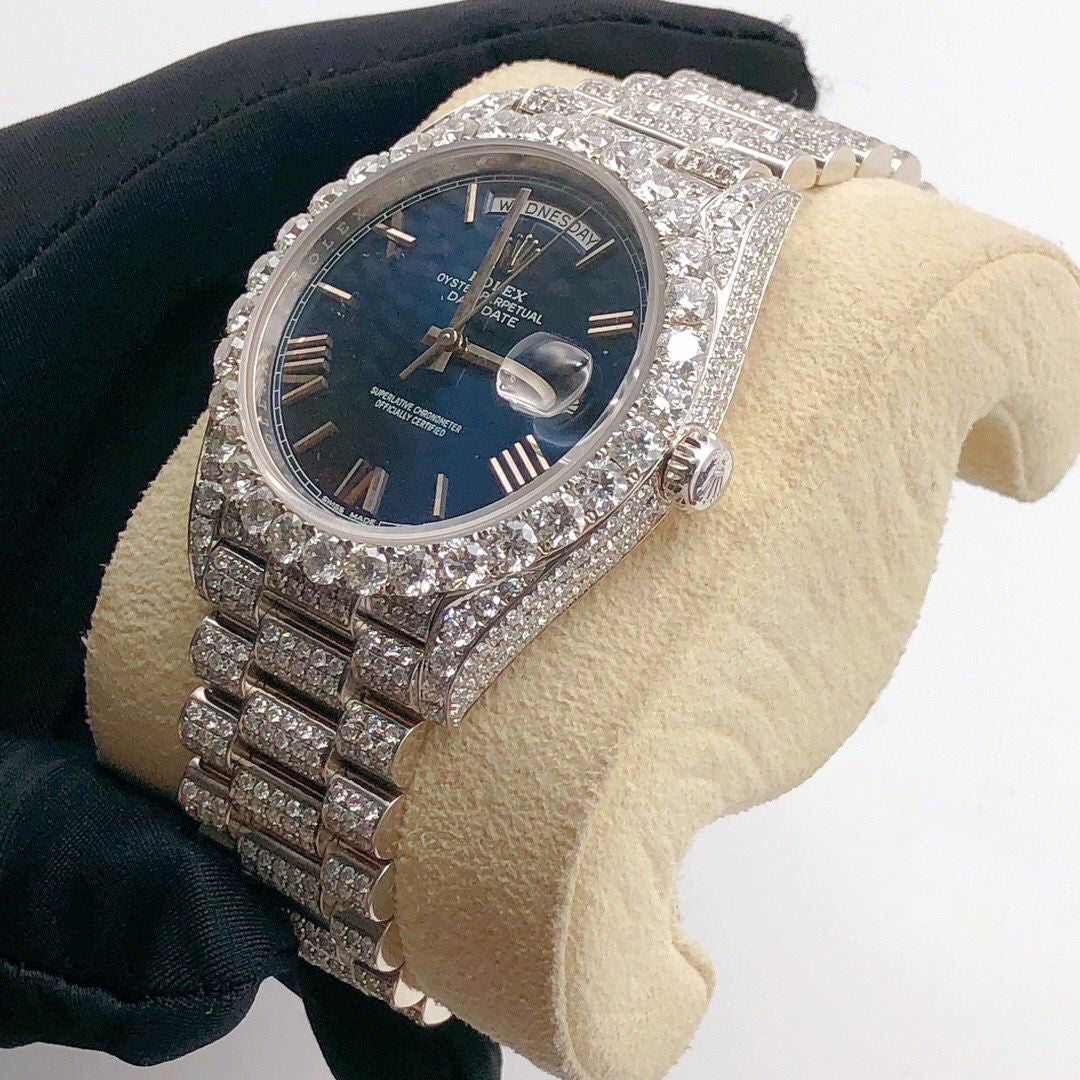 Rolex Day-Date Blue Dial Moissanite Diamond Watch | Iced Out Moissanite Watch | Rolex Diamond Watch