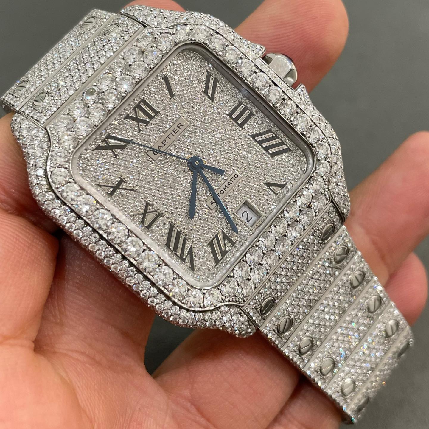 moissanite cartier watch, iced out cartier, bustdown cartier, moissanite diamond watch