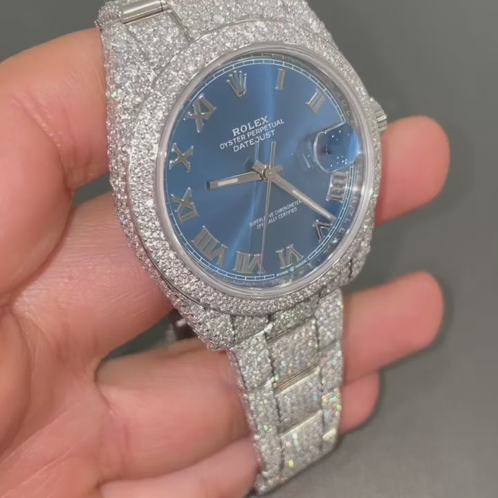 Rolex Date-Just Moissanite Diamond Watch | Iced Out Moissanite Watch | Moissanite Rolex Blue Dial Watch