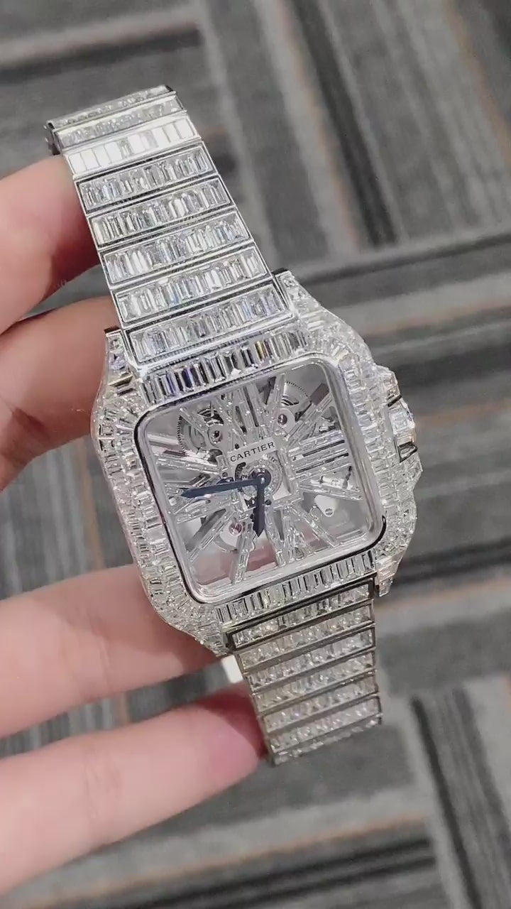 Moissanite Cartier Watch | Cartier Santos Skeleton Diamond watch | Iced Out Cartier
