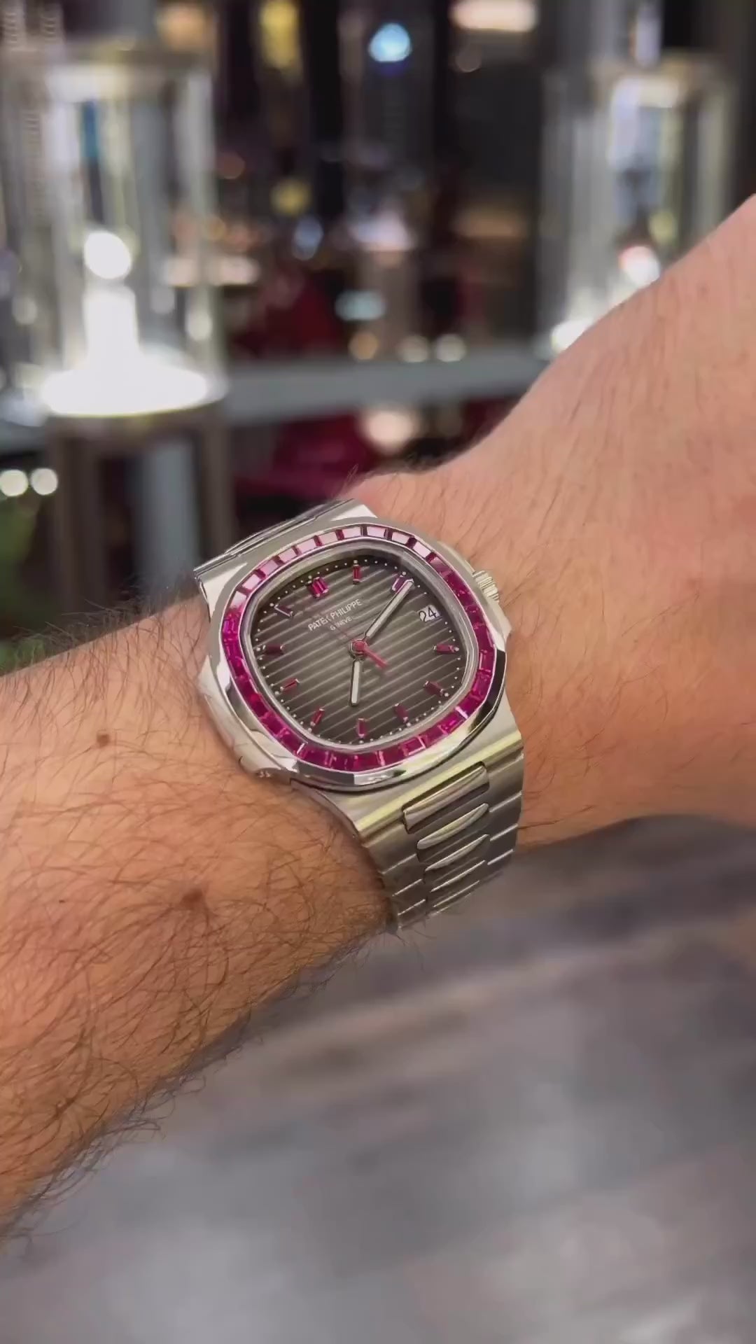 Patek Philippe Nautilus Ruby Bezel Watch | Iced Out Patek | Patek Philippe Moissanite Watch