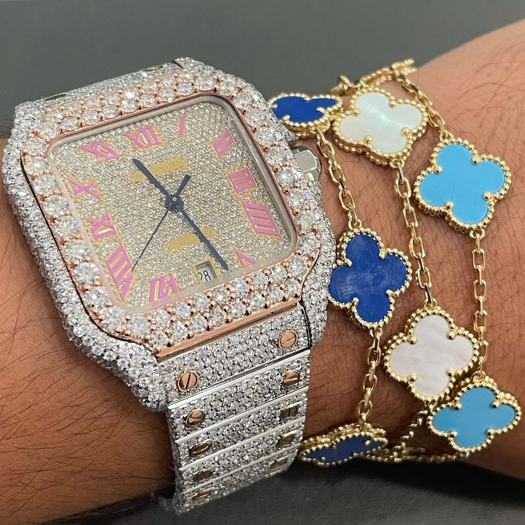 moissanite cartier watch | moissanite diamond watch | iced out cartier santos dual tone roman dial
