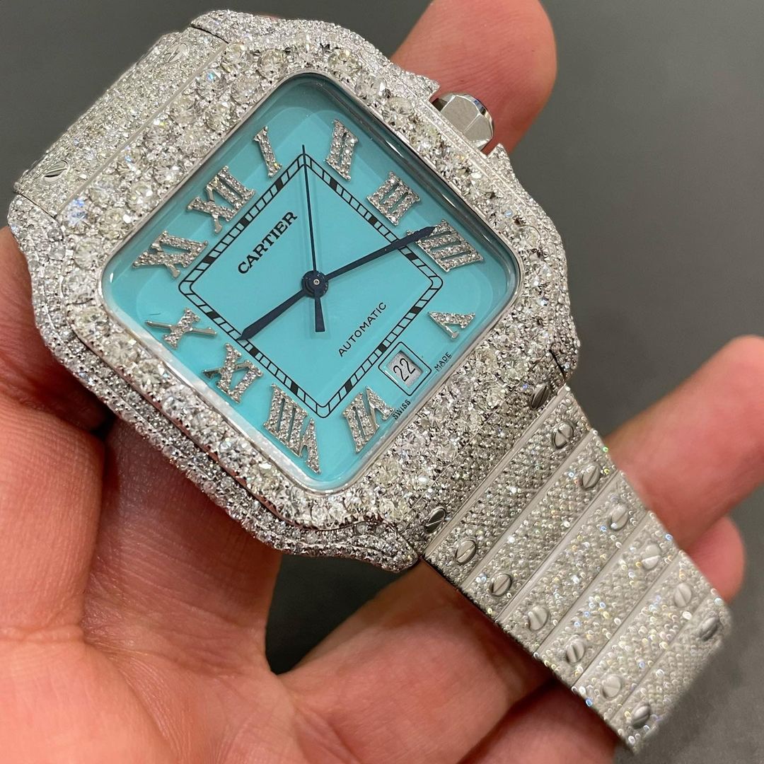 moissanite cartier santos diamond watch with tiffany dial 