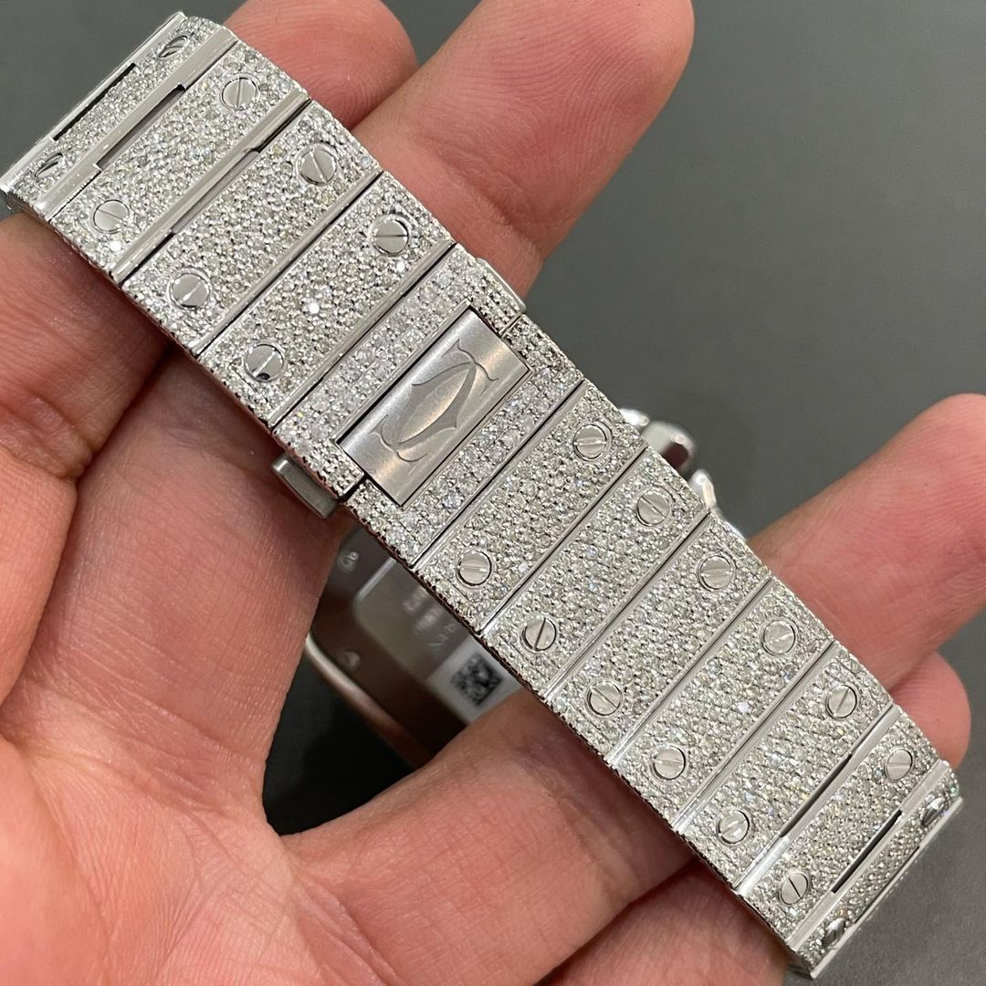 moissanite cartier watch | moissanite diamond watch | iced out cartier santos dual tone roman dial