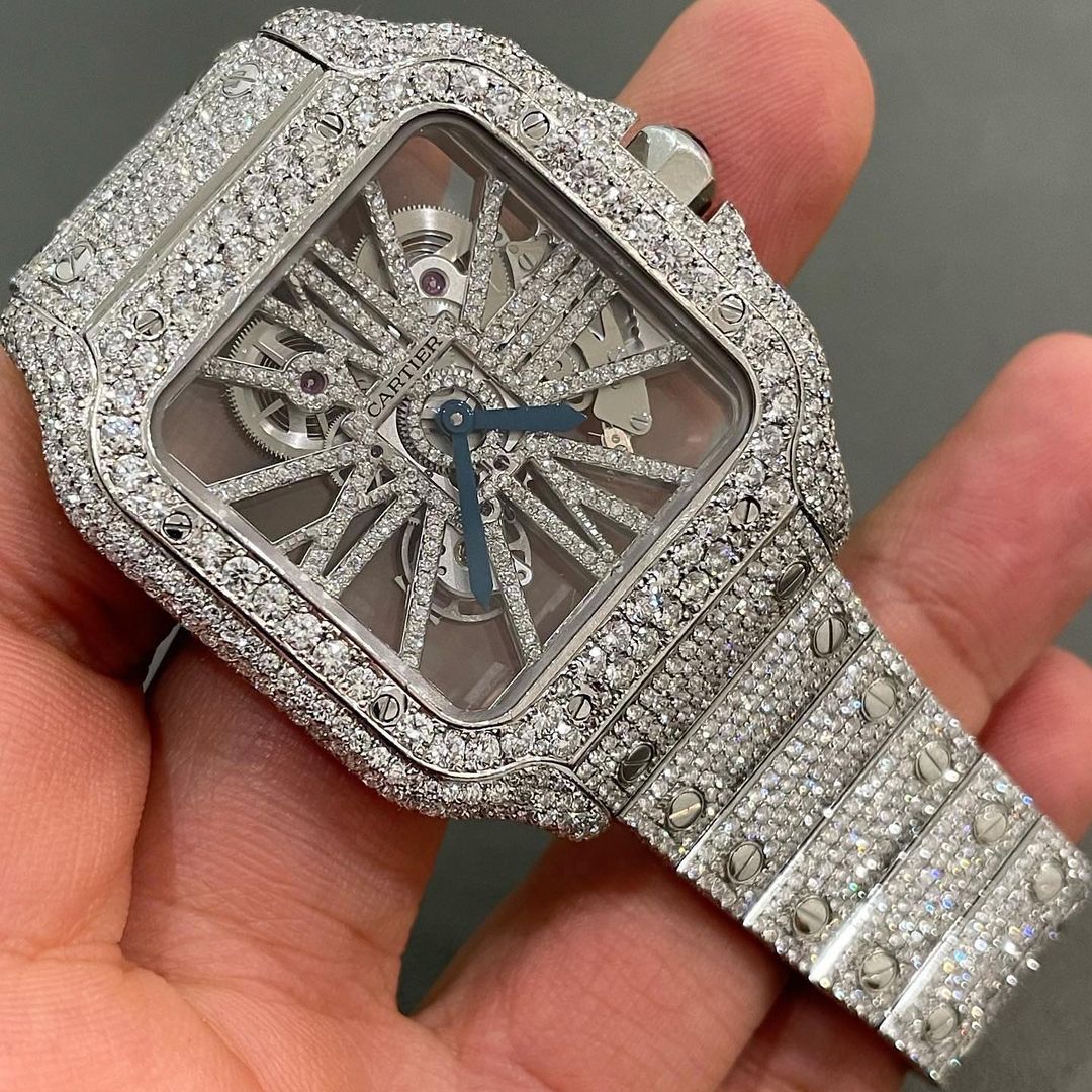 Cartier Skeleton Moissanite Diamond Watch | Iced Out Moissanite Watch | Moissanite Cartier Watch