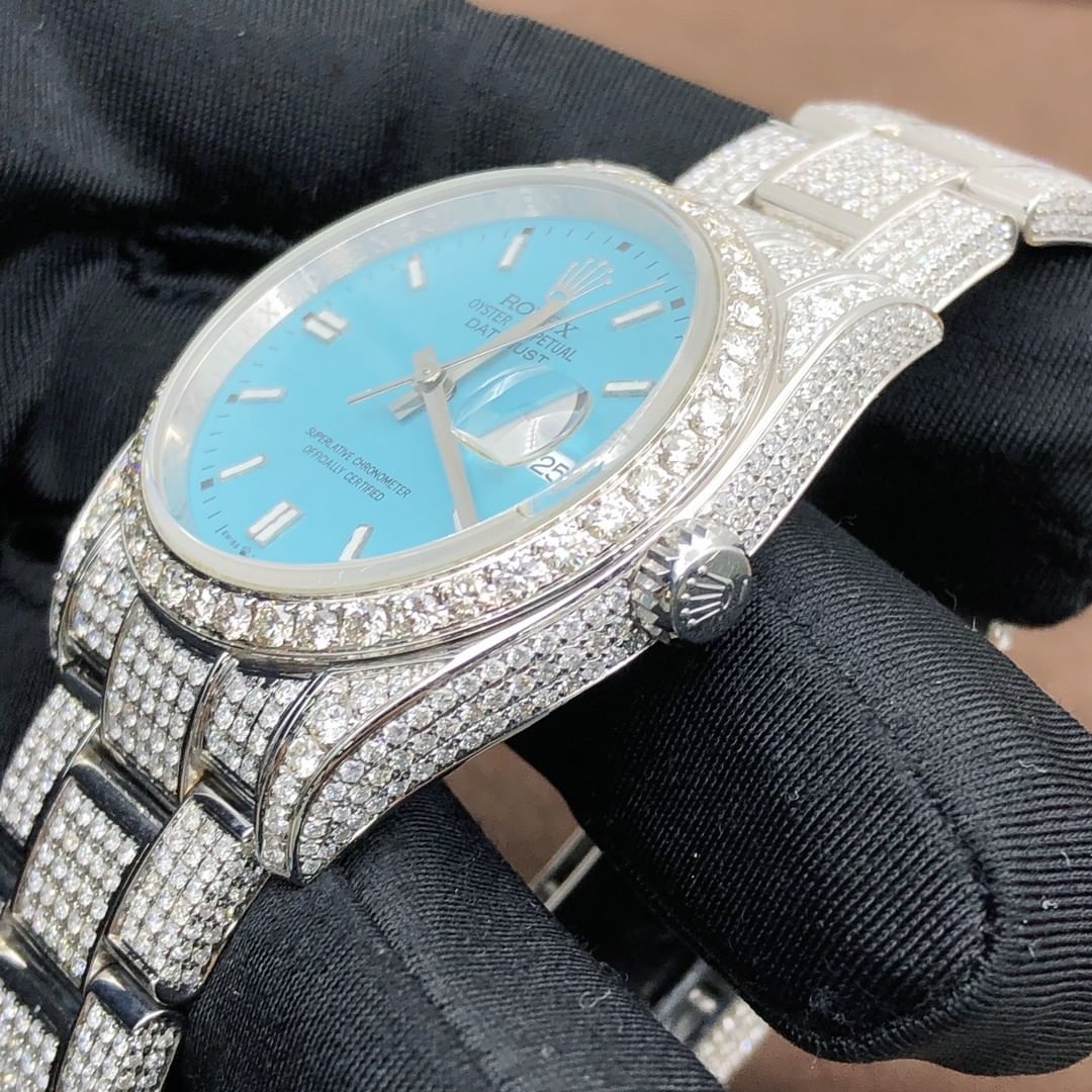 Rolex Date-Just Moissanite Diamond Watch | Iced Out Moissanite Watch | Moissanite Rolex Tiffany 41mm Dial Watch