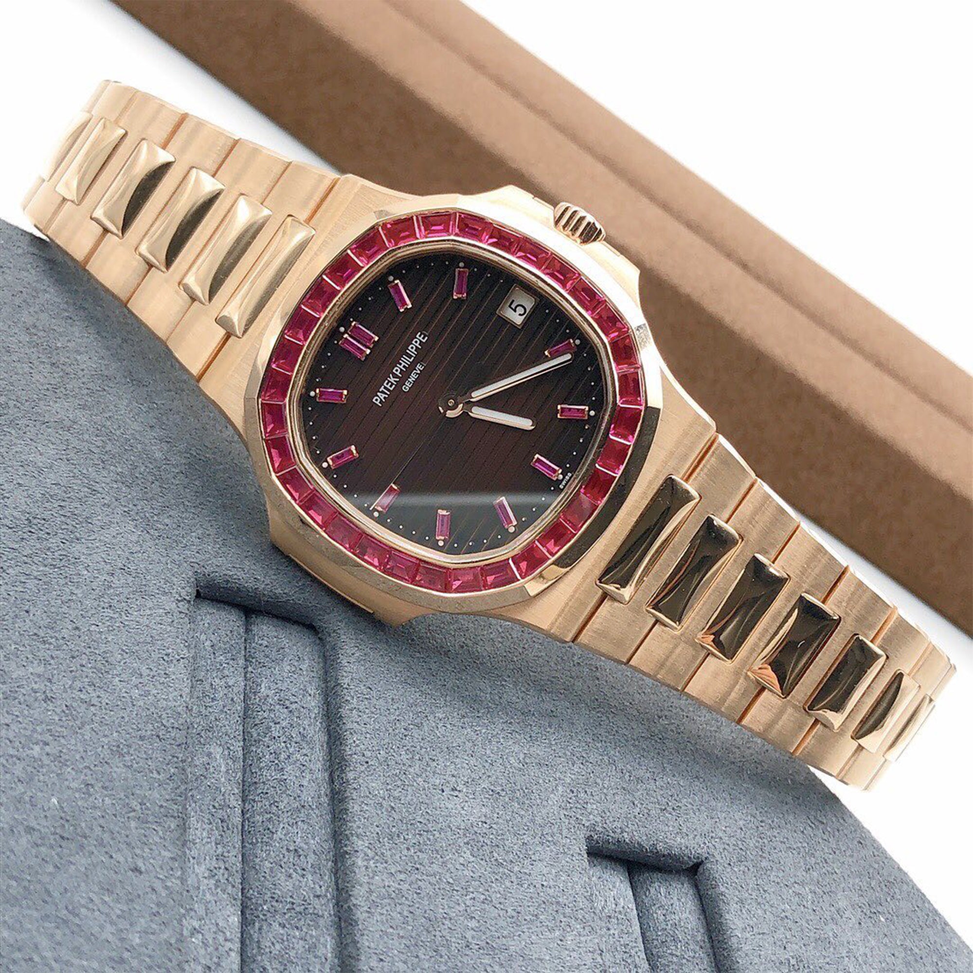 Patek Philippe Nautilus Ruby Bezel Watch | Iced Out Patek | Patek Philippe Moissanite Watch