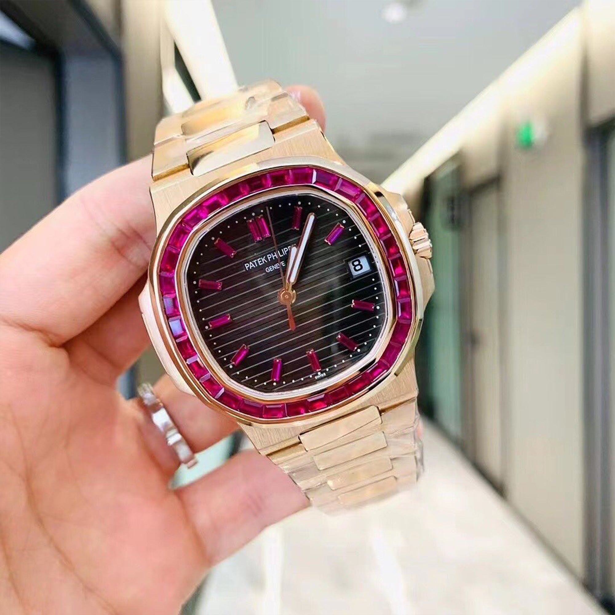 Patek Philippe Nautilus Ruby Bezel Watch | Iced Out Patek | Patek Philippe Moissanite Watch