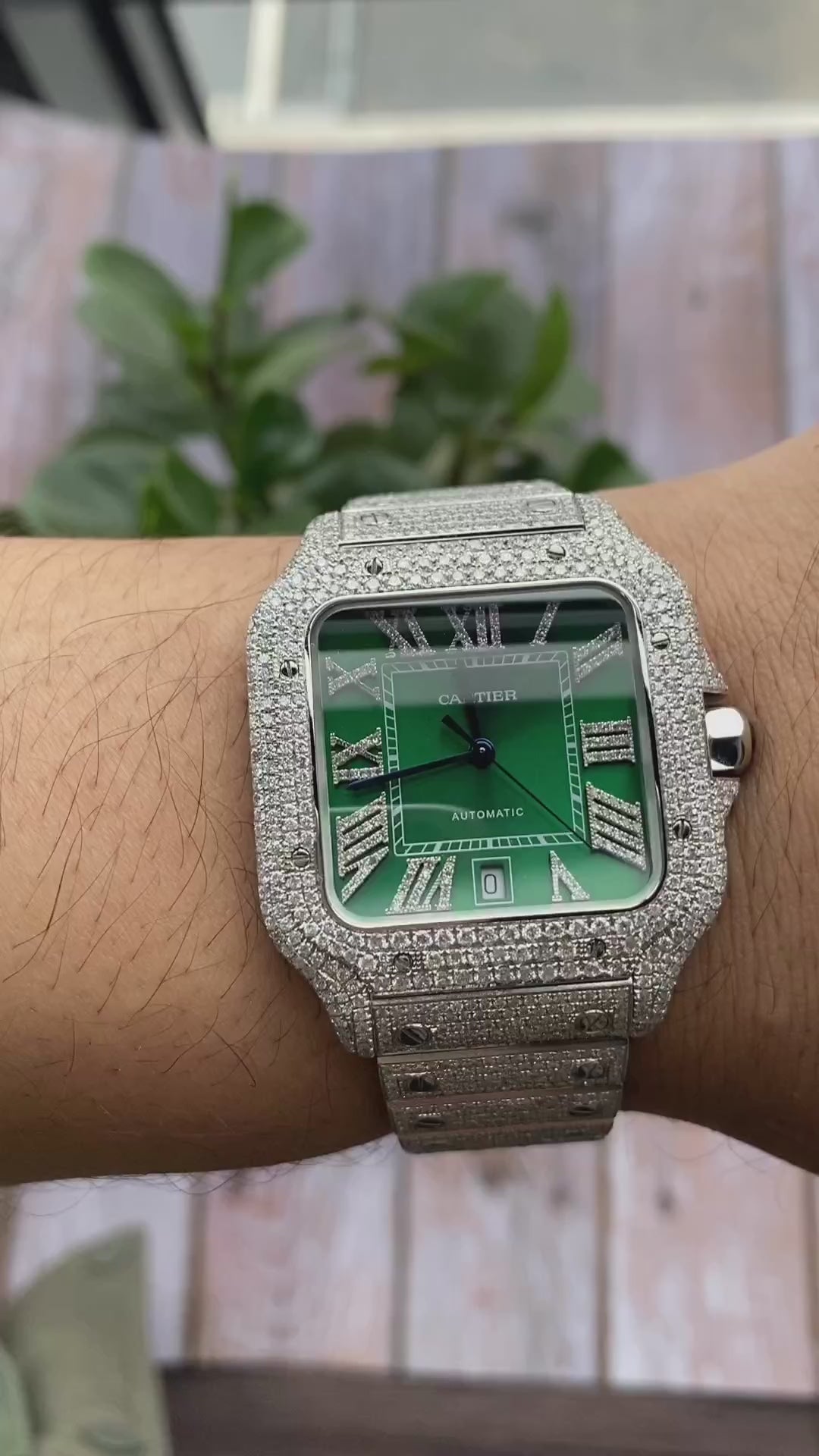 Cartier Santos Moissanite Diamond Watch | VVS Diamond Cartier Santos | Iced Out Cartier Green Dial Men Watch